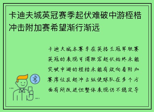卡迪夫城英冠赛季起伏难破中游桎梏冲击附加赛希望渐行渐远